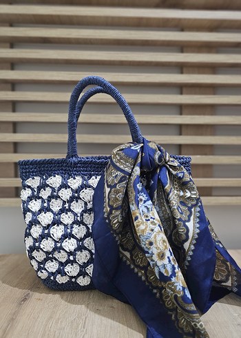 Lacivert Nakışlı Bohem Kadın Örgü Çanta - Görsel 5