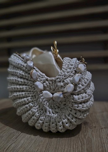 Beyaz Örgü Kadın Çanta Boncuk Detaylı - Görsel 3