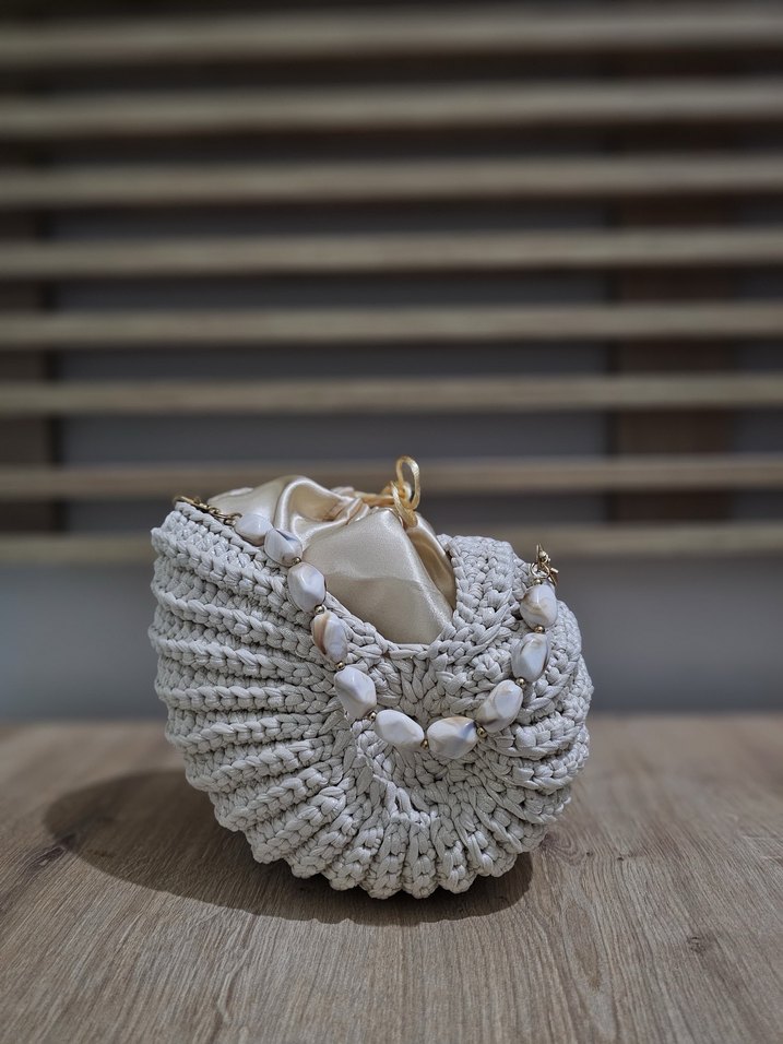 Beyaz Örgü Kadın Çanta Boncuk Detaylı - Görsel 2