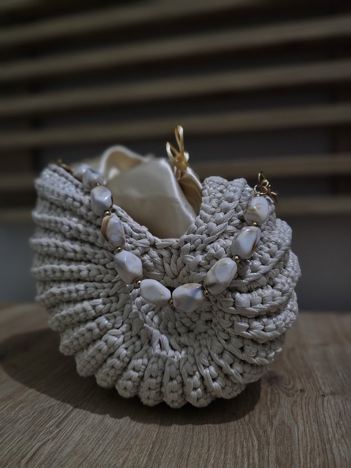 Beyaz Örgü Kadın Çanta Boncuk Detaylı - Görsel 3