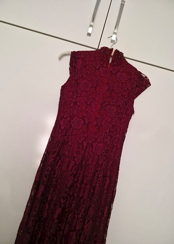 Bordo Dantel İşlemeli Uzun Abiye Elbise - Görsel 4