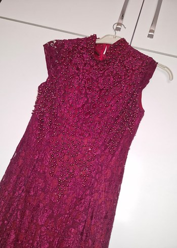 Bordo Dantel İşlemeli Uzun Abiye Elbise - Görsel 2