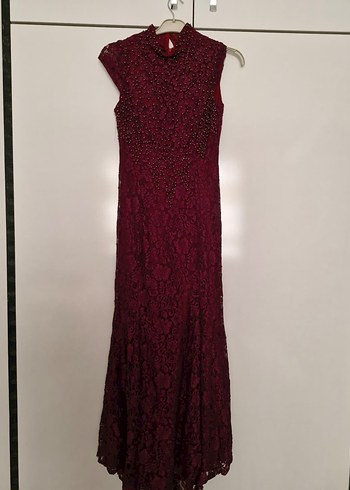 Bordo Dantel İşlemeli Uzun Abiye Elbise - Görsel 3