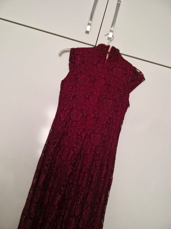 Bordo Dantel İşlemeli Uzun Abiye Elbise - Görsel 4