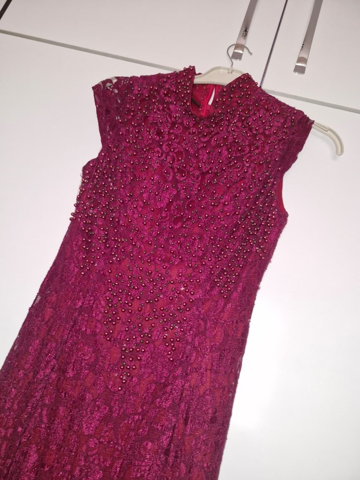 Bordo Dantel İşlemeli Uzun Abiye Elbise - Görsel 2