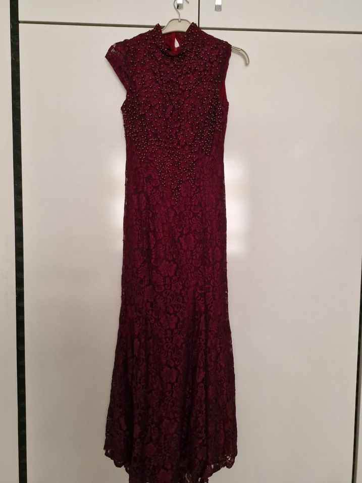 Bordo Dantel İşlemeli Uzun Abiye Elbise - Görsel 3