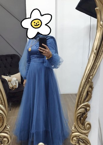 Uzun Kollu Mavi İşlemeli Abiye Elbise - Görsel 2