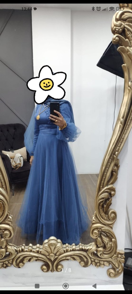 Uzun Kollu Mavi İşlemeli Abiye Elbise - Görsel 2