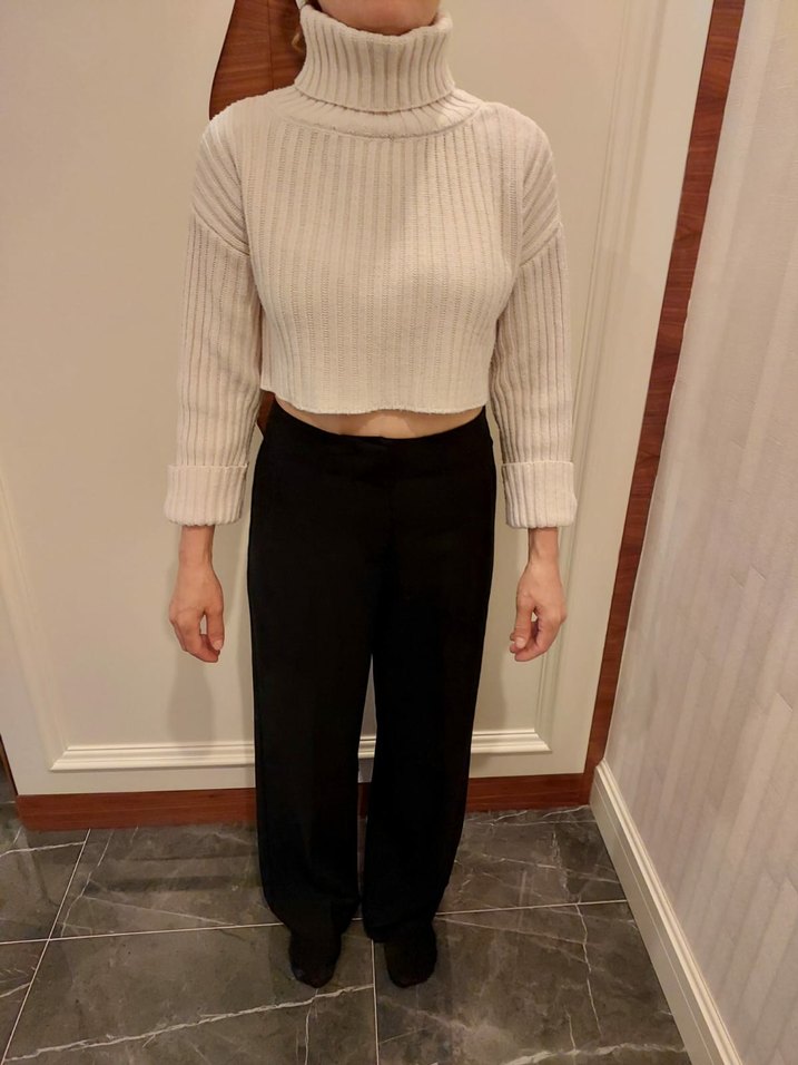 Trendyol Bej crops Boğazlı Fitilli Kazak - Görsel 3