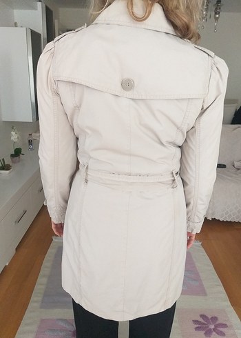 Bej Midi Düğmeli Keten Kadın Trençkot - Görsel 3