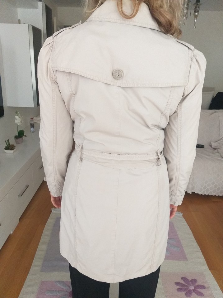 Bej Midi Düğmeli Keten Kadın Trençkot - Görsel 3