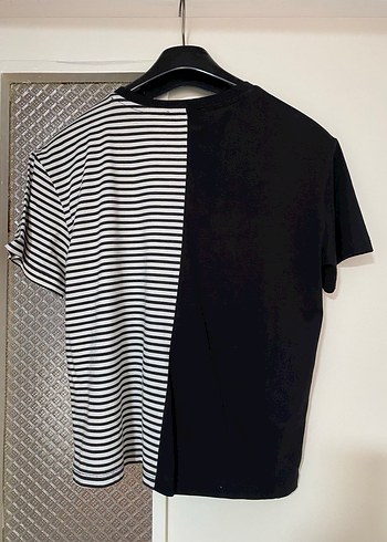 Kadın Siyah Çizgili Pamuklu Tişört - Görsel 3