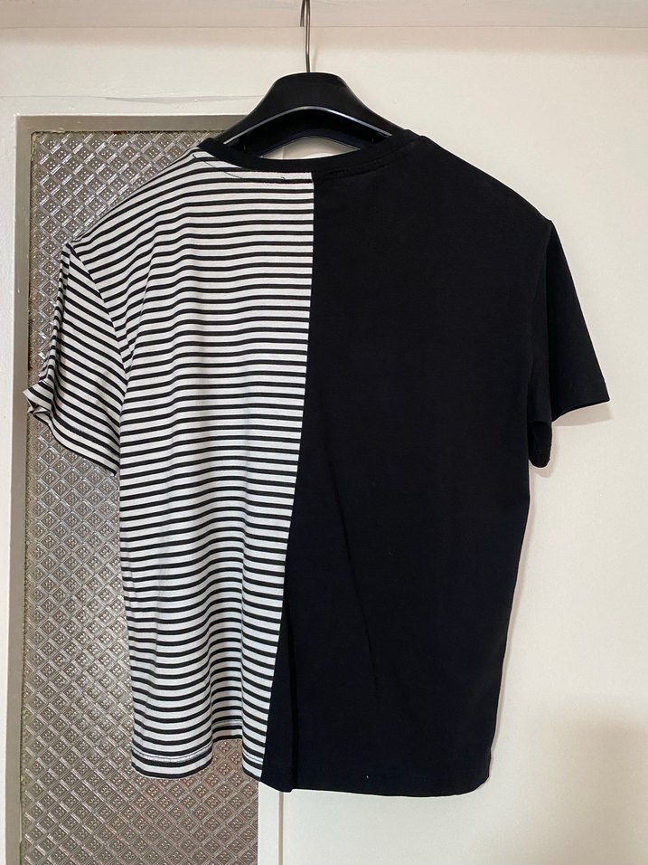 Kadın Siyah Çizgili Pamuklu Tişört - Görsel 3