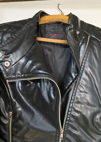 Siyah Parlak Deri Biker Ceket - Görsel 3