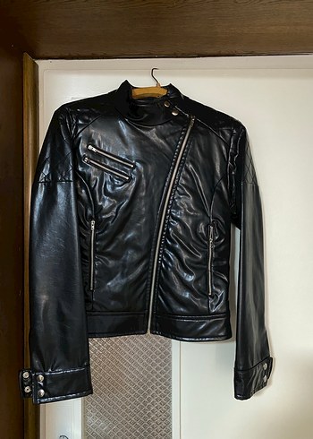 Siyah Parlak Deri Biker Ceket - Görsel 2