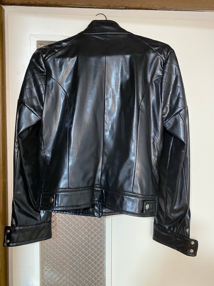 Siyah Parlak Deri Biker Ceket - Görsel 4