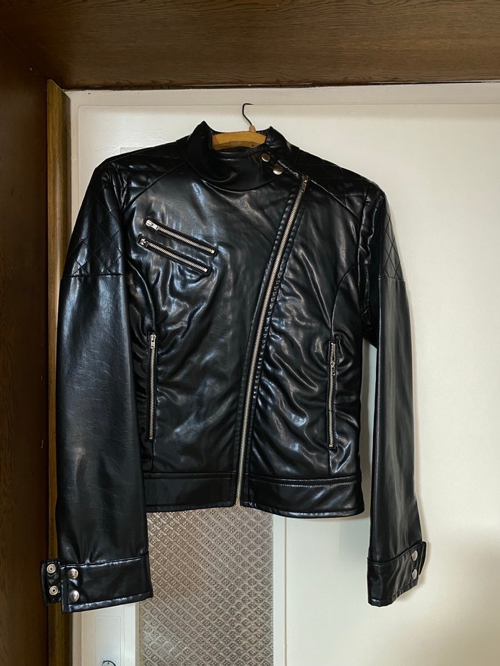 Siyah Parlak Deri Biker Ceket - Görsel 2
