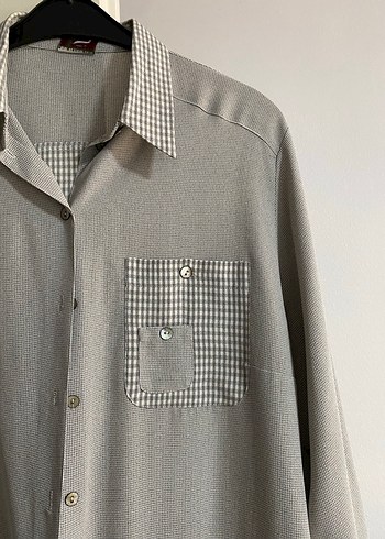 Gri Düğmeli Uzun Kollu Keten Gömlek - Görsel 3