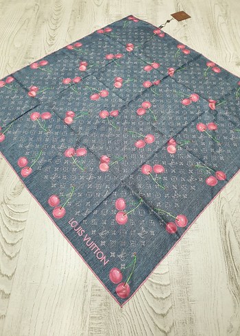 Mavi Kiraz Desenli Kadın LOUS VUTTON. eşarp - Görsel 5