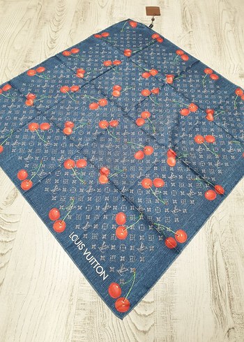 Mavi Kiraz Desenli Kadın LOUS VUTTON. eşarp - Görsel 4