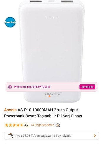 Asonic AS-P10 10000mAh Beyaz Powerbank
