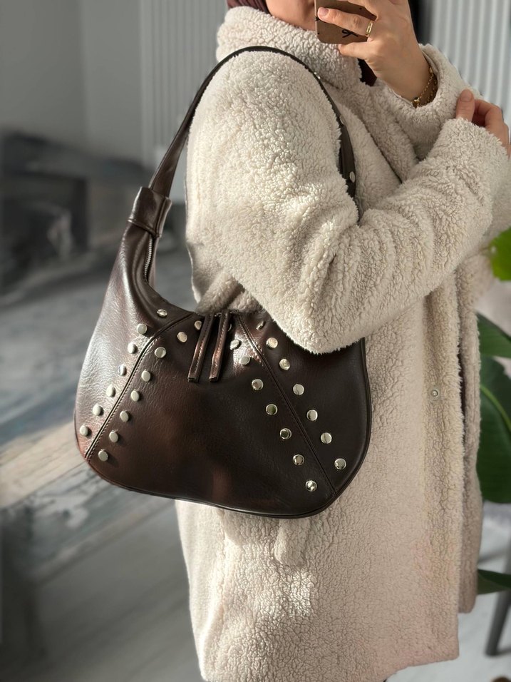 Koyu Kahverengi Deri Kadın Omuz Çantası - Görsel 2