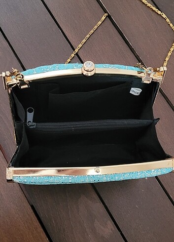 Turkuaz Abiye Çanta / El çantası / Gold Zincir Askılı Omuz Çanta - Görsel 2