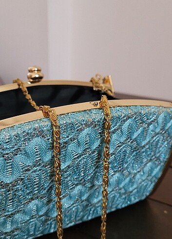 Turkuaz Abiye Çanta / El çantası / Gold Zincir Askılı Omuz Çanta - Görsel 4