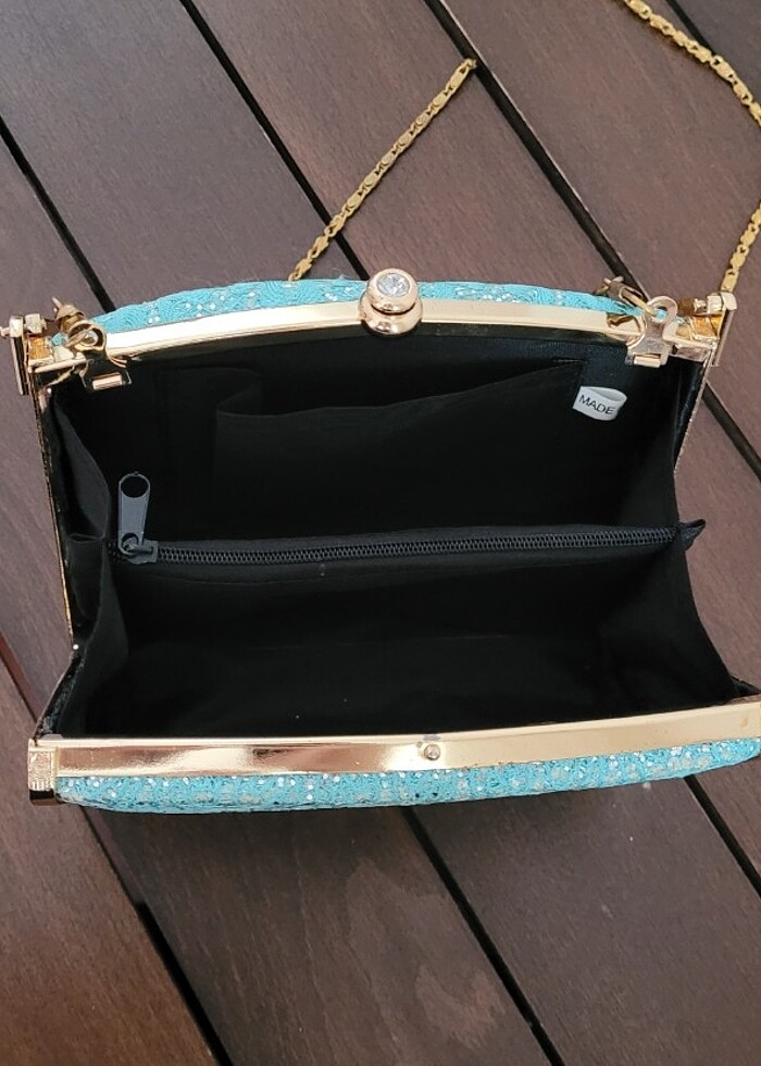 Turkuaz Abiye Çanta / El çantası / Gold Zincir Askılı Omuz Çanta - Görsel 2