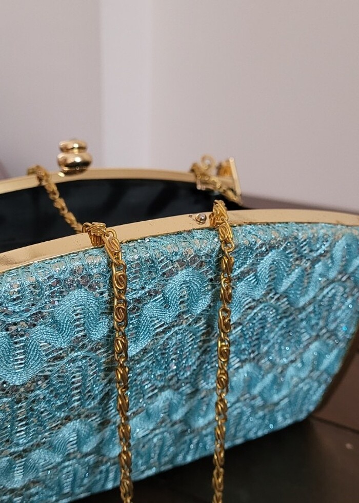 Turkuaz Abiye Çanta / El çantası / Gold Zincir Askılı Omuz Çanta - Görsel 4