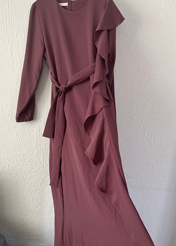 Diğer Bordo Uzun Kollu Drapeli Uzun Elbise