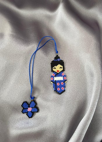 Boncuk İşlemeli Mavi Japon kadin kitap ayraci - Görsel 2