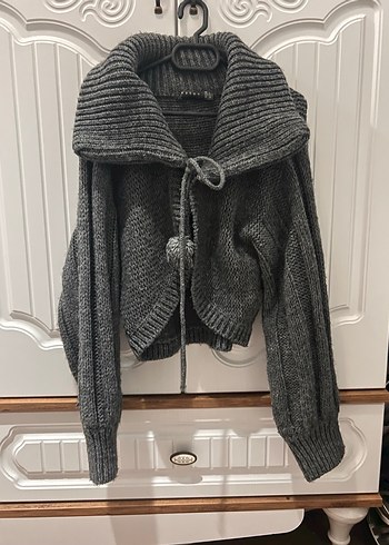 Gri Örgü Yüksek Yakalı Kadın Hırka - Görsel 4