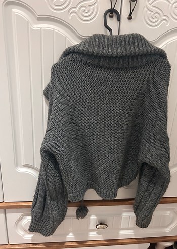 Gri Örgü Yüksek Yakalı Kadın Hırka - Görsel 7