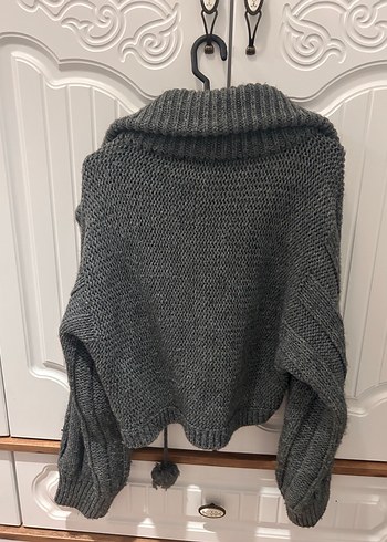 Gri Örgü Yüksek Yakalı Kadın Hırka - Görsel 6