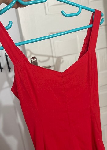 Kırmızı V Yaka Midi Elbise - Görsel 3