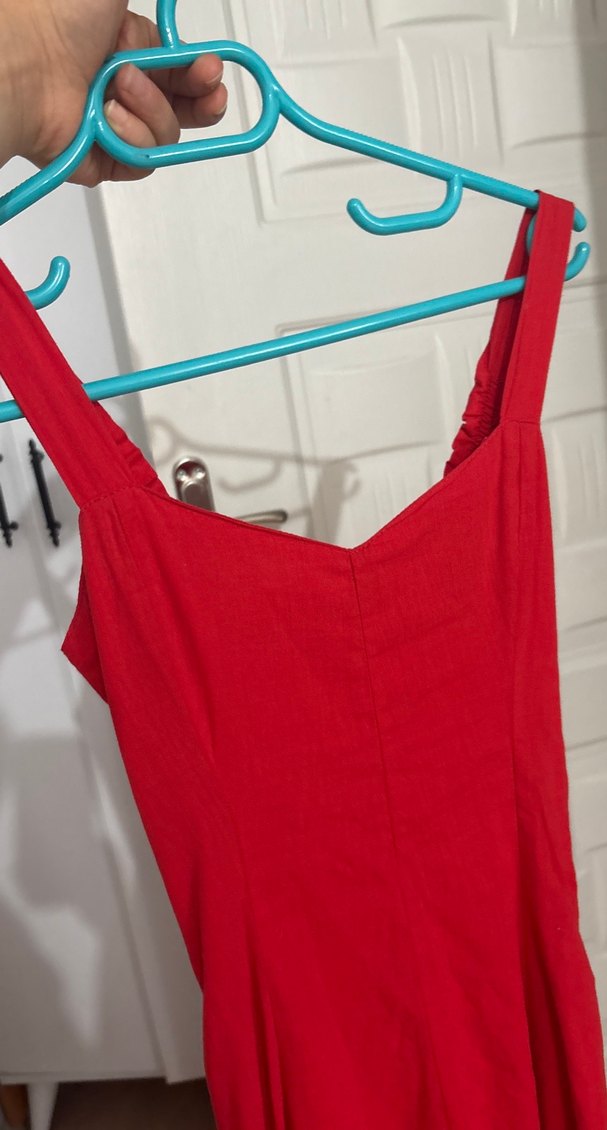 Kırmızı V Yaka Midi Elbise - Görsel 3