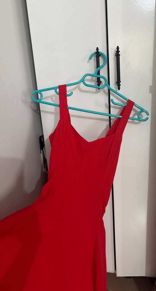 Kırmızı V Yaka Midi Elbise - Görsel 4