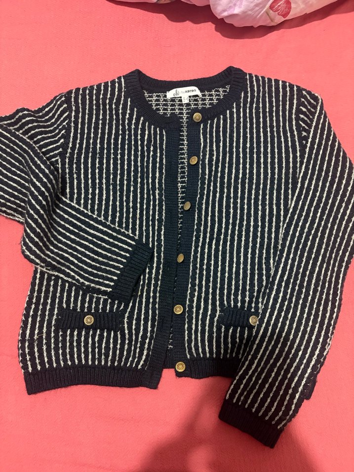 Düğmeli Çizgili Kadın Triko Hırka - Görsel 2