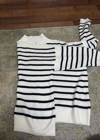 Çizgili Beyaz Gri Örgü Kadın Kazak - Görsel 2