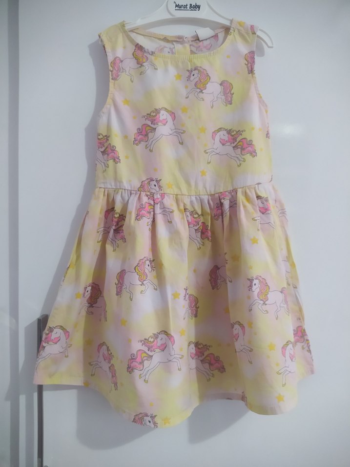 Sarı Unicorn Desenli Kız Çocuk Elbisesi 3-4 yaş - Görsel 2