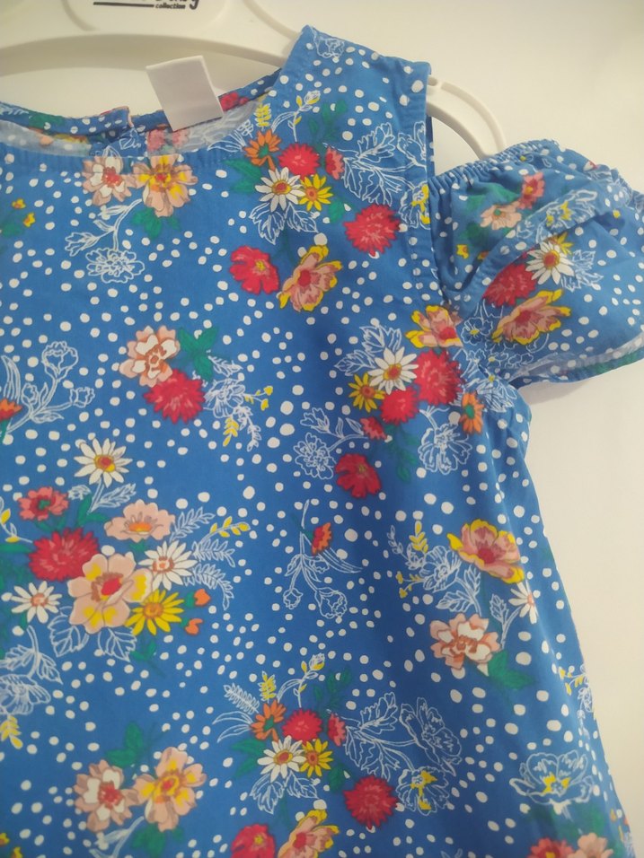 Çiçek Desenli Mavi Kız Çocuk Elbise 3-4 yaş - Görsel 2