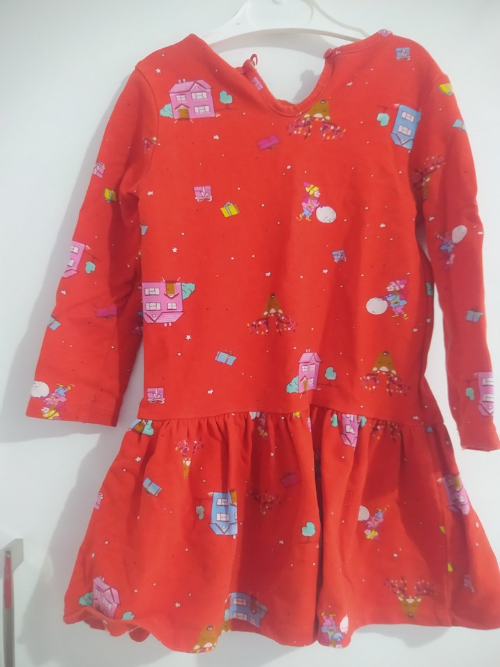Kız Çocuk Kırmızı Uzun Kollu Baskılı Elbise 3-4 yaş - Görsel 2