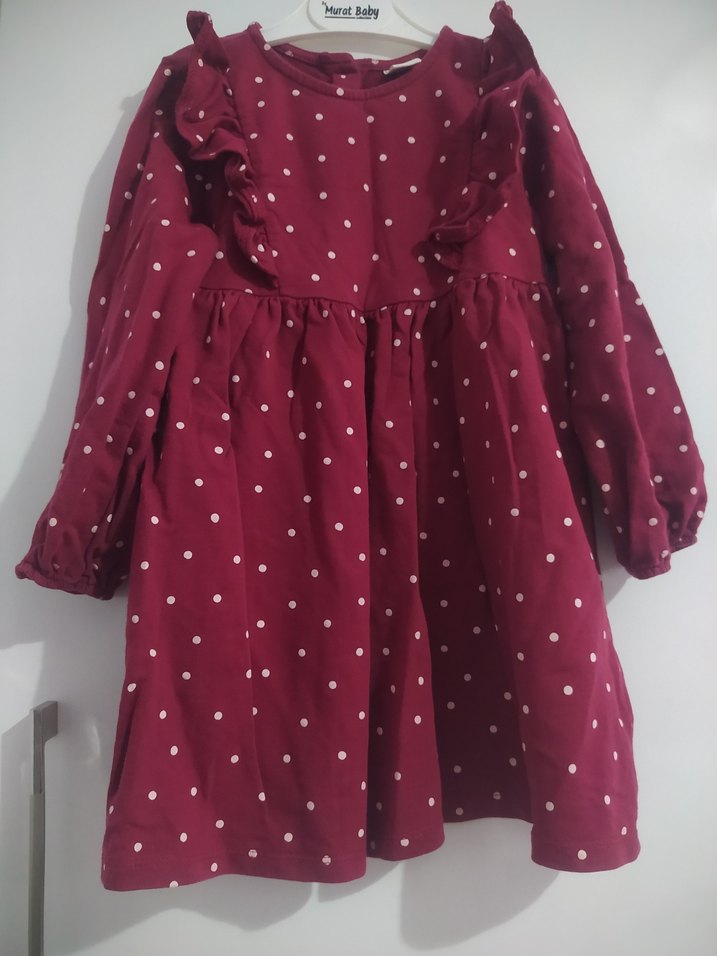 Bordo Puantiyeli Uzun Kollu Kız Elbisesi 4-5 yaş - Görsel 3