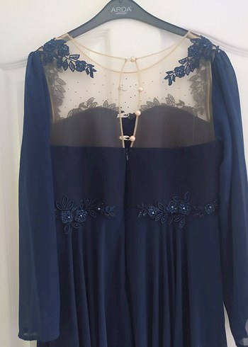 Lacivert Uzun Kollu  Tüllü Güpürlü Abiye Elbise - Görsel 5