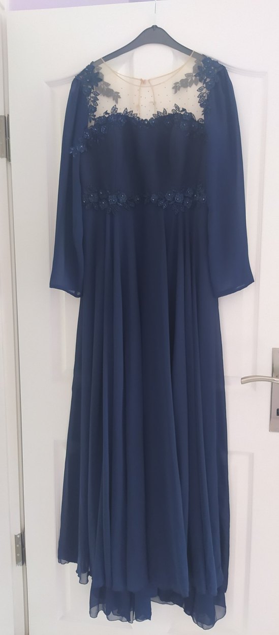 Lacivert Uzun Kollu  Tüllü Güpürlü Abiye Elbise - Görsel 2