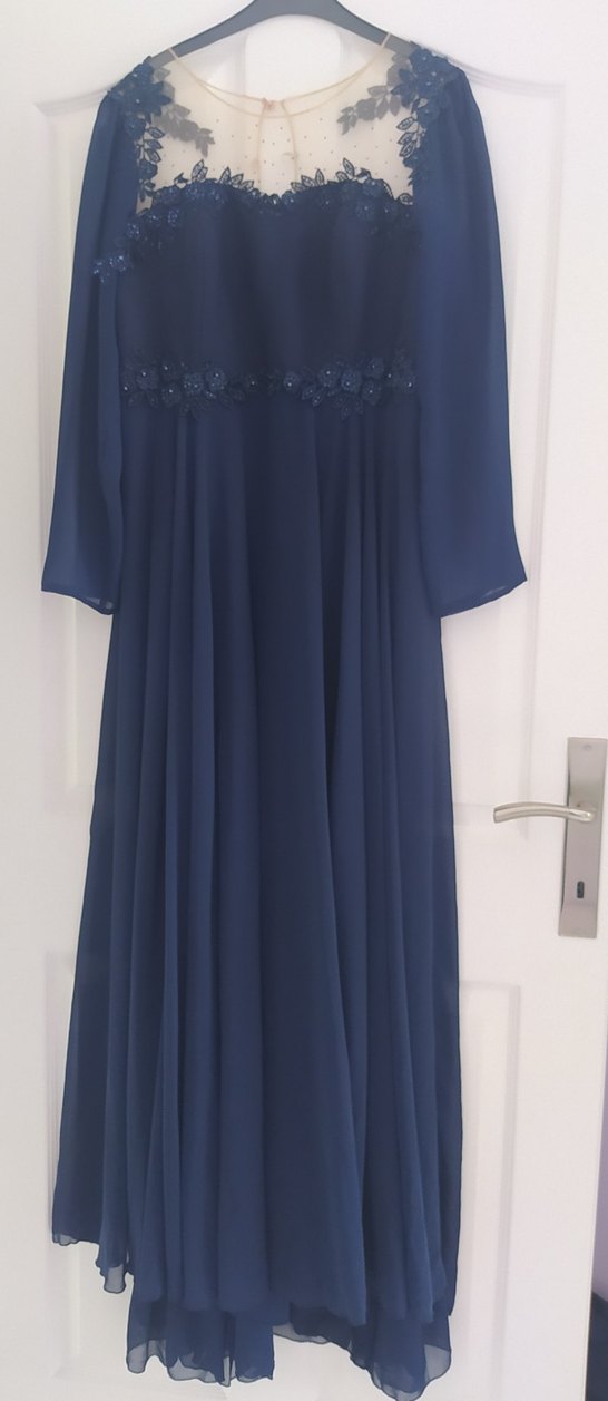Lacivert Uzun Kollu  Tüllü Güpürlü Abiye Elbise - Görsel 3
