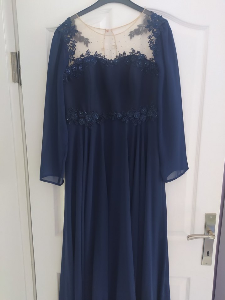 Lacivert Uzun Kollu  Tüllü Güpürlü Abiye Elbise - Görsel 4