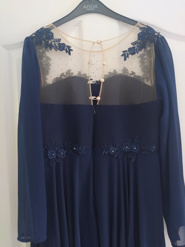 Lacivert Uzun Kollu  Tüllü Güpürlü Abiye Elbise - Görsel 5