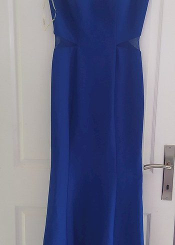 Parlak Mavi Uzun Balık Drapeli Kadın Abiye Elbise - Görsel 2